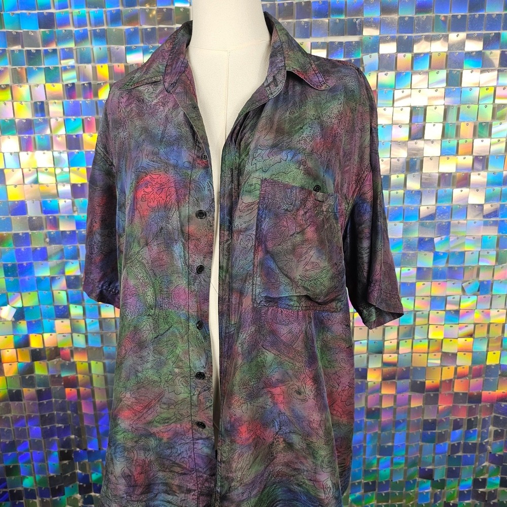 Colore Italia Vintage 80s Silk Button Up Shirt Mens Multicolor Abstract Graphic